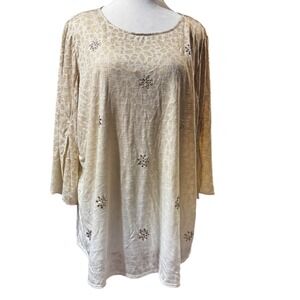 Ruby Rd Woman Tunic Top Womens 2X Tan Leopard Ombre Rhinestone Split Sleeve